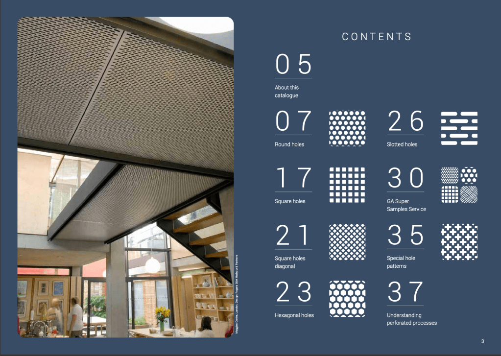 Gooding Aluminium perforated brochure contents page. (Brochure design: Astrid Brisson).