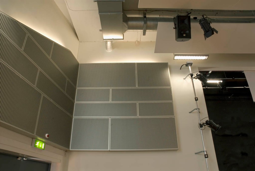 Gooding Aluminium perforated aluminium wall cladding panels at Pimlico Academy for Westminster City Council. Architecture PLB for Building Schools for the Future (BSF) Programme.