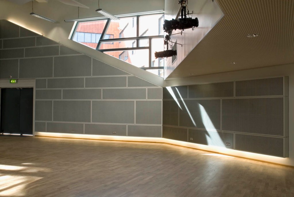 Gooding Aluminium perforated aluminium wall cladding panels at Pimlico Academy for Westminster City Council. Architecture PLB for Building Schools for the Future (BSF) Programme.